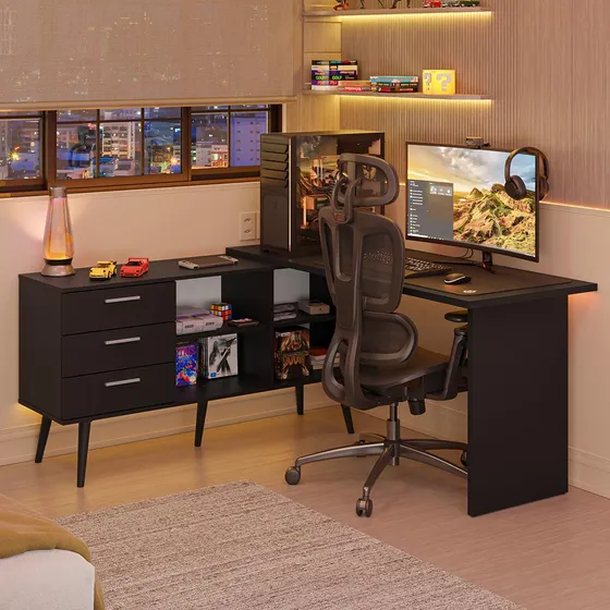 Escrivaninha L Mesa Computador Gamer 3 Gav Lisboa Madesa P
