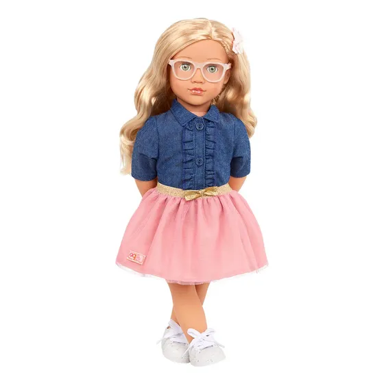 Muñeca Emily Our Generation + Conjunto Pollera Rosa Con Camisa Azul Botones 46cm Altura y Accesorios