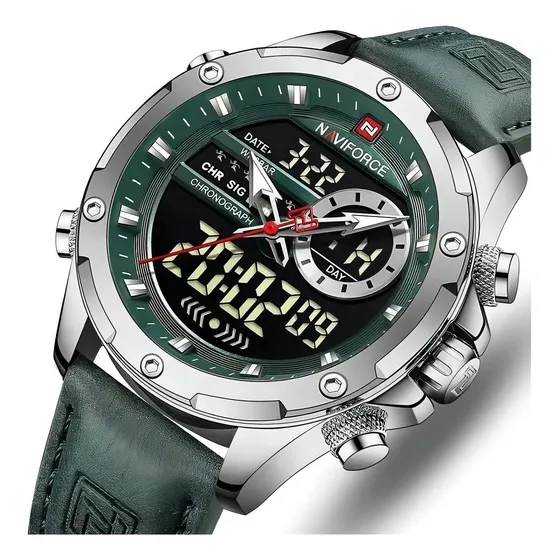 Reloj pulsera Naviforce NF9197L con correa de cuero color verde - fondo verde/negro - bisel verde/plateado