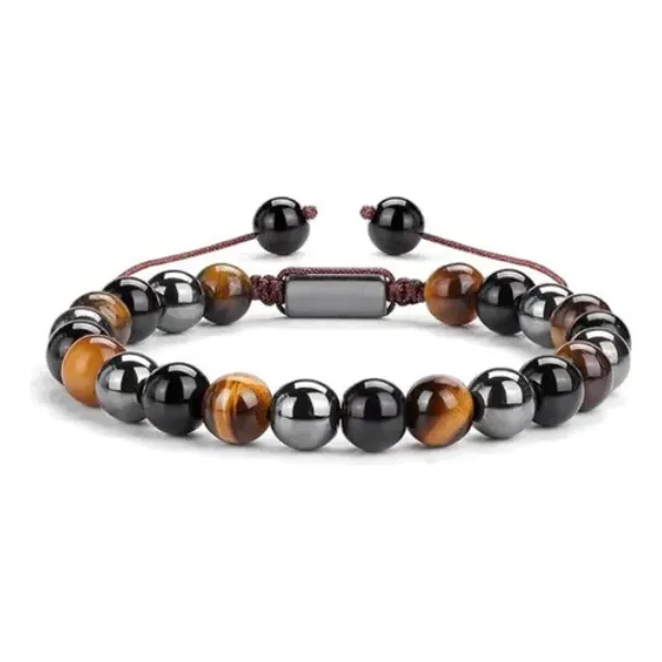 Pulsera Triple Protección Obsidiana Hematita Y Ojo De Tigre