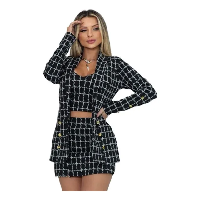 Blazer Cropped E Short Saia Xadrez Conujunto 3 Peças 2024