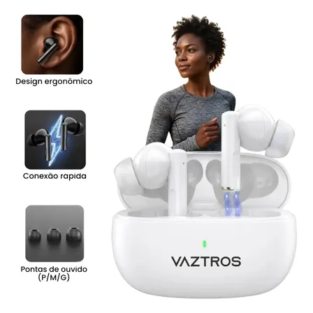 Vaztros Premium Fone Tws Bluetooth 5.4 Hifi Anti Ruído Branco