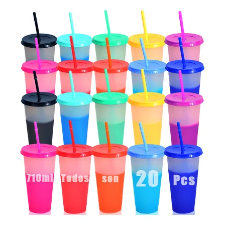 Vasos Magicos Cambian De Color Con Tapa Y Popote 710ml 20pzs