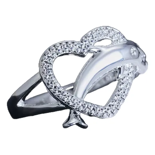 Anillo De Promesa Corazón Y Delfín Enchapado En Plata