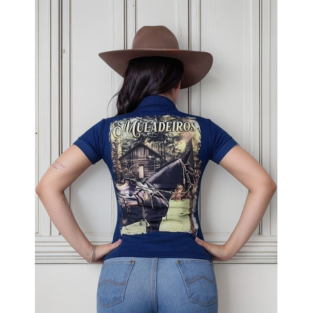 Camiseta Muladeiros Feminina Country Gola Polo Azul Camiseta Muladeiros Feminina Country Gola Polo Azul