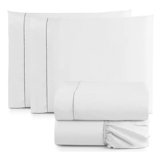 Jogo Lençol Casal 4 Peças Ponto Palito 100% Algodão 200 Fios Cor Branco Desenho Do Tecido Liso