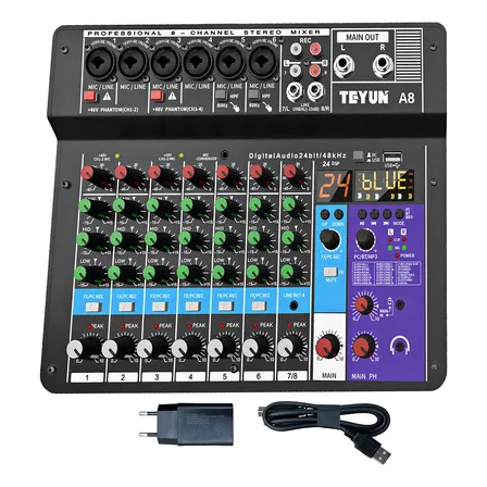 Mesa de Som Digital Teyun A8 8 Canais Bluetooth USB 24 Efeitos DSP