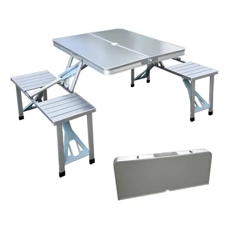 Mesa Dobrável C/ 4 Bancos - Prática E Resistente P/ Lazer - Titanium Platina Prateado