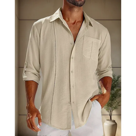 Camisa De Hombre De Lino Manga Larga Guayabera Con Bo