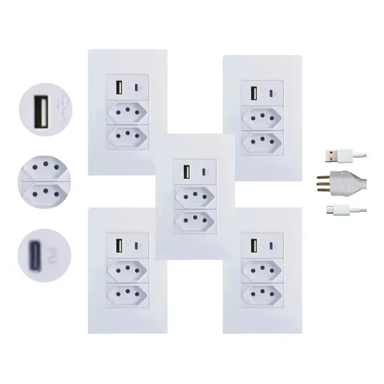 5 Tomada Usb Carregador Turbo C/ Tipo C De Parede Bivolt 4x2