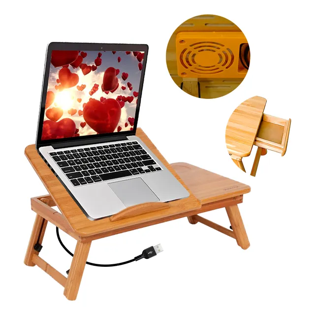 Mesa Base Enfriadora De Bambú Plegable Para Laptop Slim Company 54cm 2 Ventiladores Ajustable Inclinación Y Altura Para Cama O Sofá