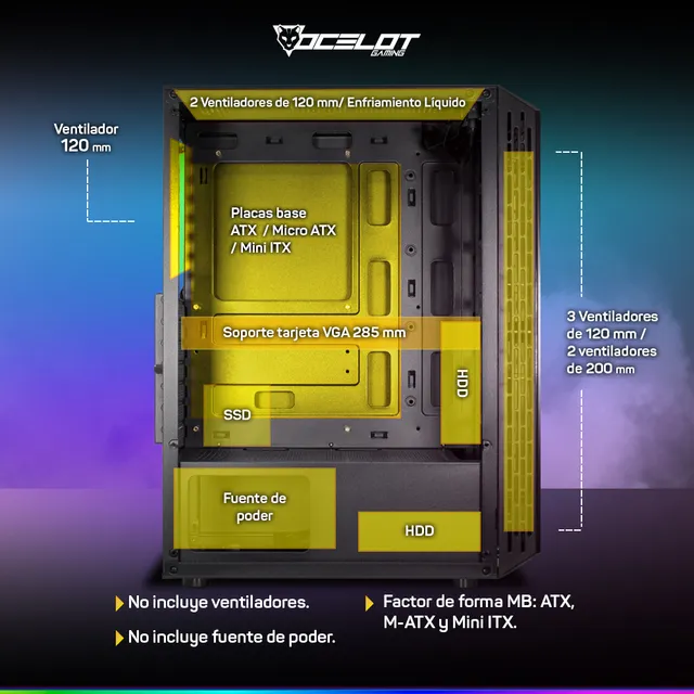 Gabinete Gamer Ocelot ATX Panel Frontal y Lateral Cristal Templado 5 Bahías de Almacenamiento Espacio para 8 Ventiladores de 120mm Color Negro Modelo OG-C E1