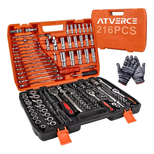 Juego De Herramientas Mecánicas Atverce B+J+1 Con Caja De Transporte 216pz Color Naranja