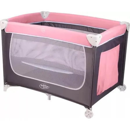 Cercadinho Berço Compacto Mosquiteiro 2 Alturas Com Rodinhas Cor Rosa Desenho Do Tecido Liso