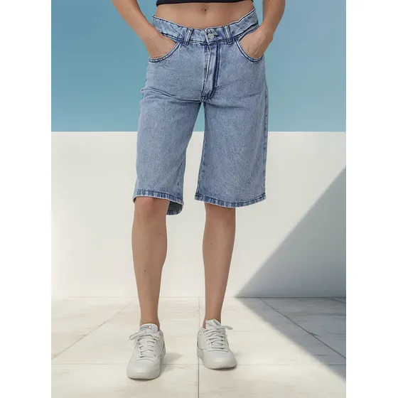 Bermuda Wide Celeste Nevada Rigida Tiro Medio Kinoa Denim