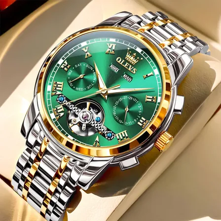 Olevs Relógio Masculino Aço Automático À Prova D'água 6607 Prateado Dourado Verde