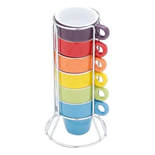Jogo De Canecas 50ml Cerùmica 6 Suporte Inox Café Chå Cor Coloridas Liso Jogo De Canecas 50ml Cerùmica 6 Suporte Inox Café Chå Cor Coloridas Liso