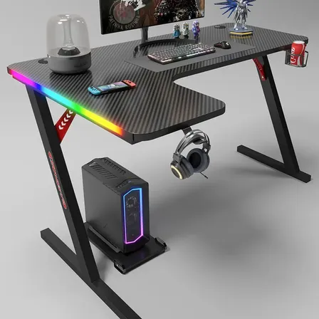 Mesa Gamer Em L Com Rgb Suporte Headset Porta-copos Preto Carbono