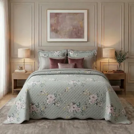 Kit Cobre Leito Colcha Dupla Face Floral Microfibra 150 Fios Malva
