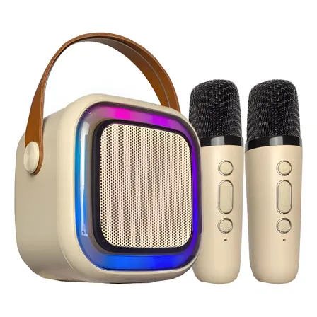 Caixinha Som Karaokê 2 Microfones Bluetooth Infantil Adulto Bege Potente Legal K12 127/220v
