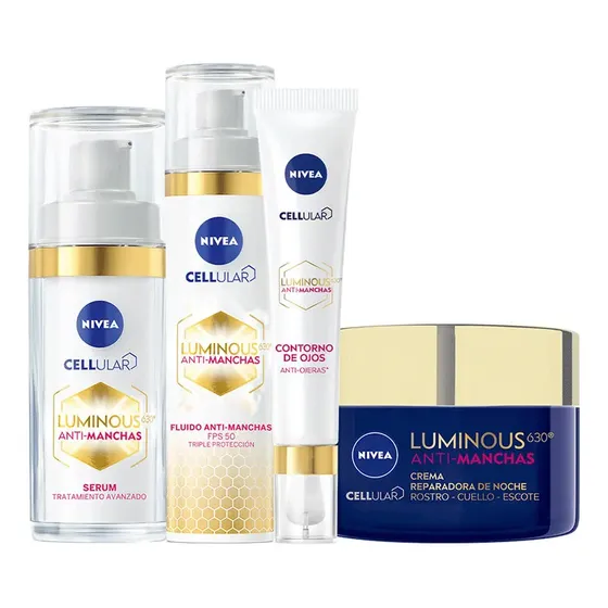 NIVEA Rutina Facial Luminous 630° Antimanchas con Ácido Hialurónico (4 Piezas) Suero, Fluido con Protector Solar FPS50, Contorno de Ojos Anti-Ojeras y Crema de Noche. Unifica el tono de tu piel
