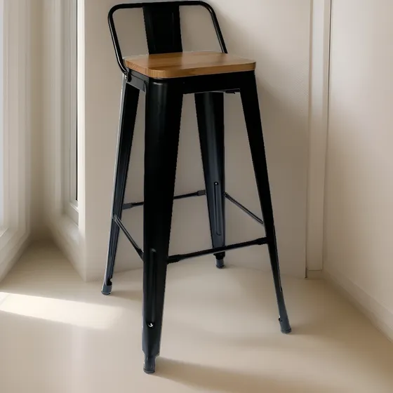 Taburete Tolix Negro Con Madera - Banqueta Bar Silla Alta