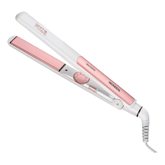 Prancha alisadora Mondial White Rose modelo P-50, com corpo branco e detalhes em rosé, exibindo o botão de ajuste de temperatura e o cabo giratório.