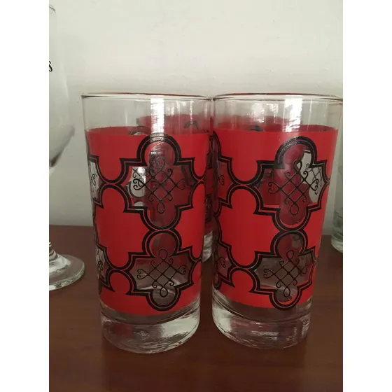 Set De 6 Vasos De Vidrio Borde Dorado Y Diseño Rojo Y Negro