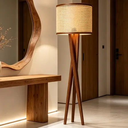 Luminária De Chão Abajur Piso Cúpula Tela Luxo Sala Moderna Palha Madeira