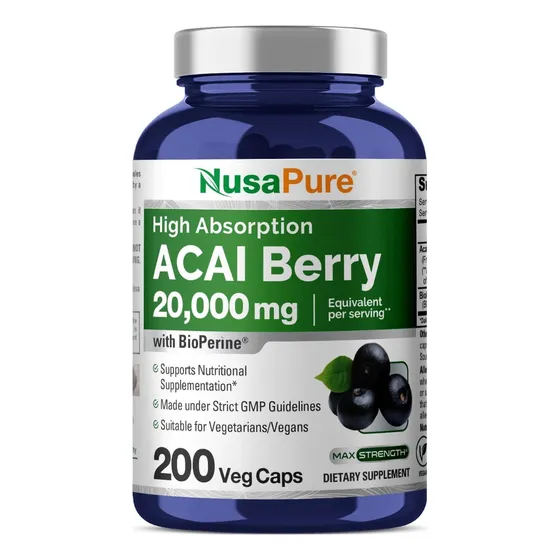 Baya De Acai 20000 Mg Nusapure 200 Cápsulas Vegetales Sin Sabor