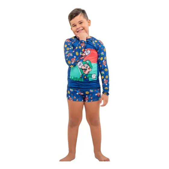 Conjunto Sunga Infantil Camisa Uv Com Protecão Solar Mario