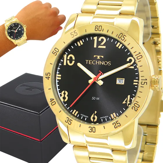 Relógio Masculino Dourado Technos Ouro 18k Carteira Brinde