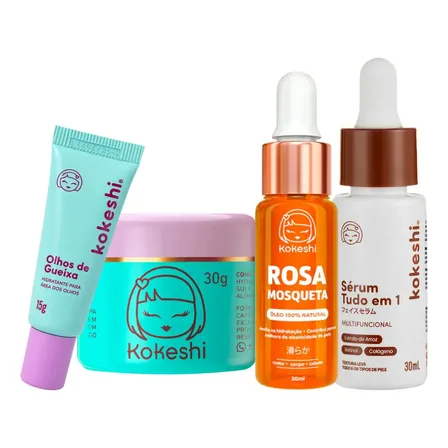 Kit Essencial Kokeshi 4 Produtos Tudo Em 1 Pele Porcelana Rosa Mosqueta