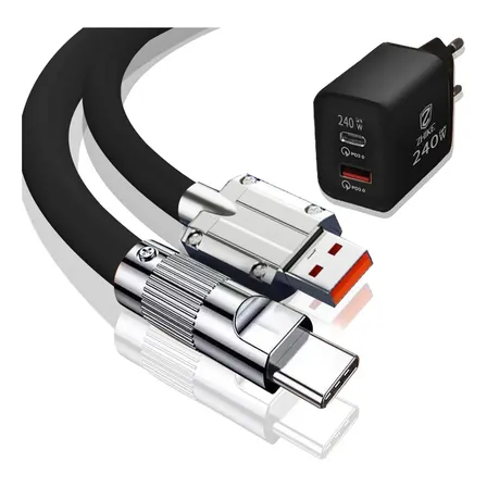 Kit Carregador 240w Gan Usb C Pd Qc 3.0 Cabo Silicone Tipo C Preto