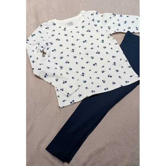 Conjunto Franela Blanca C/ Flores Leggin Azul Talla 7 -8