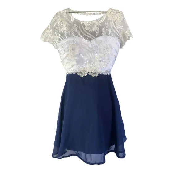 Vestido Fiesta Niña Corto Azul T.10 Encaje Y Gasa