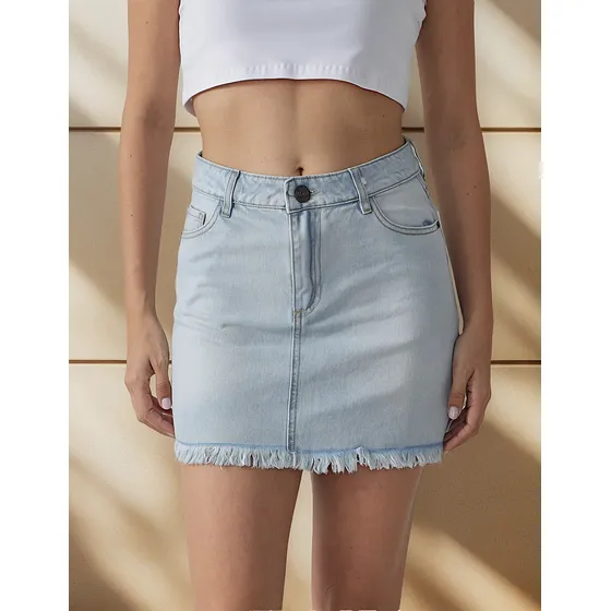 Mini Jeans Vainilla Tiro Alto Sin Ruedo Mujer Rigida.