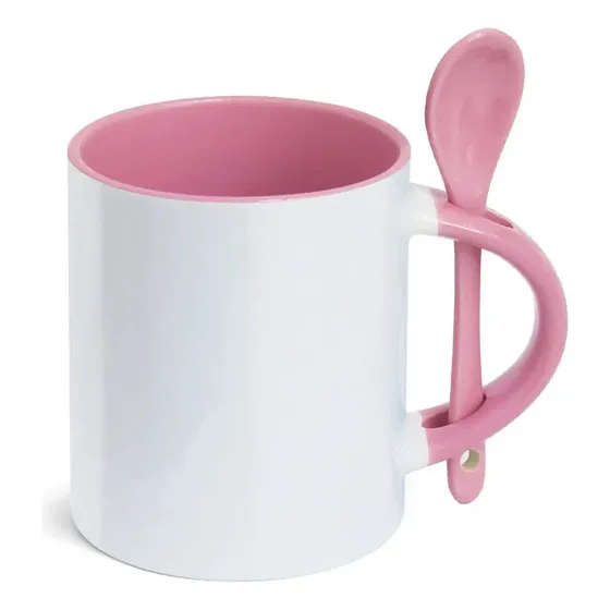 2 Canecas Para Sublimação De Cerâmica Reta C/ Colher Rosa