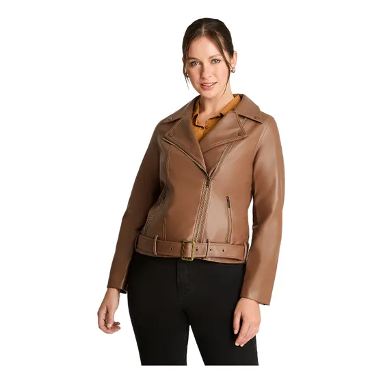 Chaqueta Biker Ecocuero Con Cinturón Café Mujer Hasta La Tal