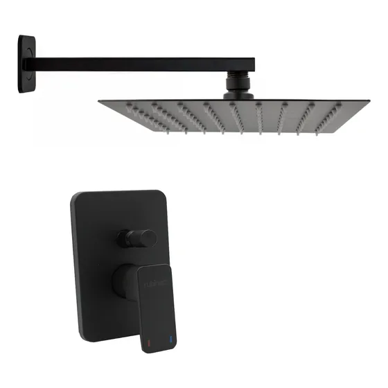 Regadera Cuadrada 25cm Con Brazo Y Monomando Desviador Negro