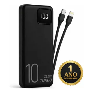 Carregador Portátil Power Bank Turbo Voo Transporte Aéreo 10000mah Universal Para iPhone Samsung Motorlola Xiaomi 22.5w Com Display Digital Dtimp Preto