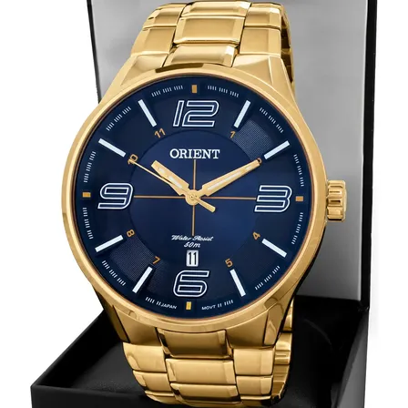 Relógio Orient Masculino Social Dourado Fundo Azul À Prova D'água 50m