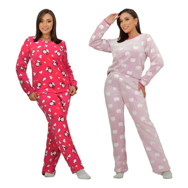 Kit Com 2 Pijamas Feminino De Frio Soft Peluciado Estampado Kit Com 2 Pijamas Feminino De Frio Soft Peluciado Estampado
