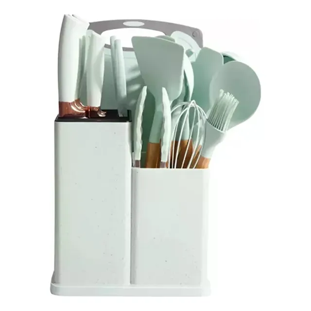 Set Utensilios Cocina Silicona Madera + Cuchillos Y Tabla