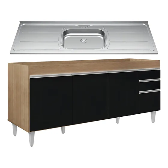 Balcão Gabinete Cozinha Com Pia Inox 180cm Dallas Lumil Cor Castanho/Preto