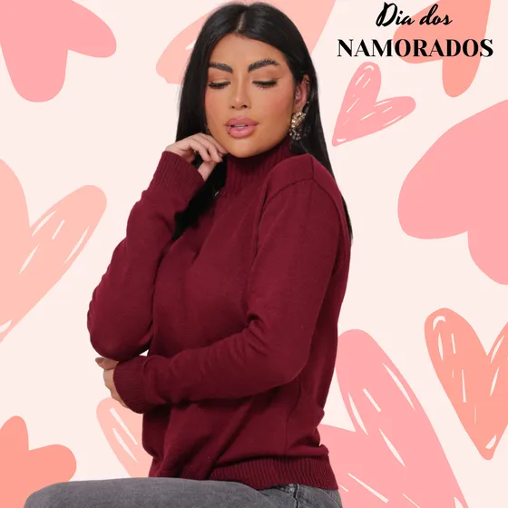 Blusa Tricô Gola Alta Feminina Macia Quentinha Tendência