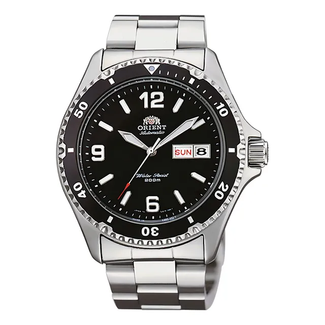 Reloj automático Orient Mako Ii Diver FAA02001b9, color de la correa, color plateado y bisel, color negro, fondo negro