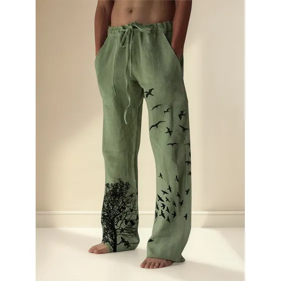 6j Pantalones De Algodón Y Lino Con Estampado De Pájaros Par