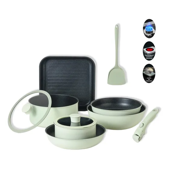Juego completo de utensilios de cocina Land Cast Chef Koch OR-029 10 piezas verde agua acero inoxidable y aluminio compatibles con inducción revestimiento antiadherente y aptos para lavavajillas