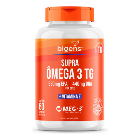 Supra Ômega 3 Tg + Vitamina E, 660mg Epa | 440mg Dha, Selo Internacional De Qualidade Meg-3®, 60 Cápsulas, Bigens Supra Ômega 3 Tg + Vitamina E, 660mg Epa | 440mg Dha, Selo Internacional De Qualidade Meg-3®, 60 Cápsulas, Bigens